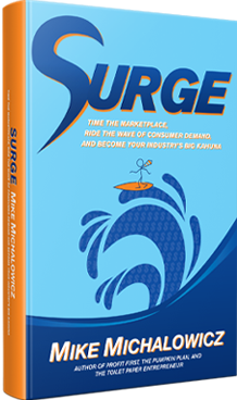 blue book cover with stick figure surfing a wave of dollar signs below the title Surge