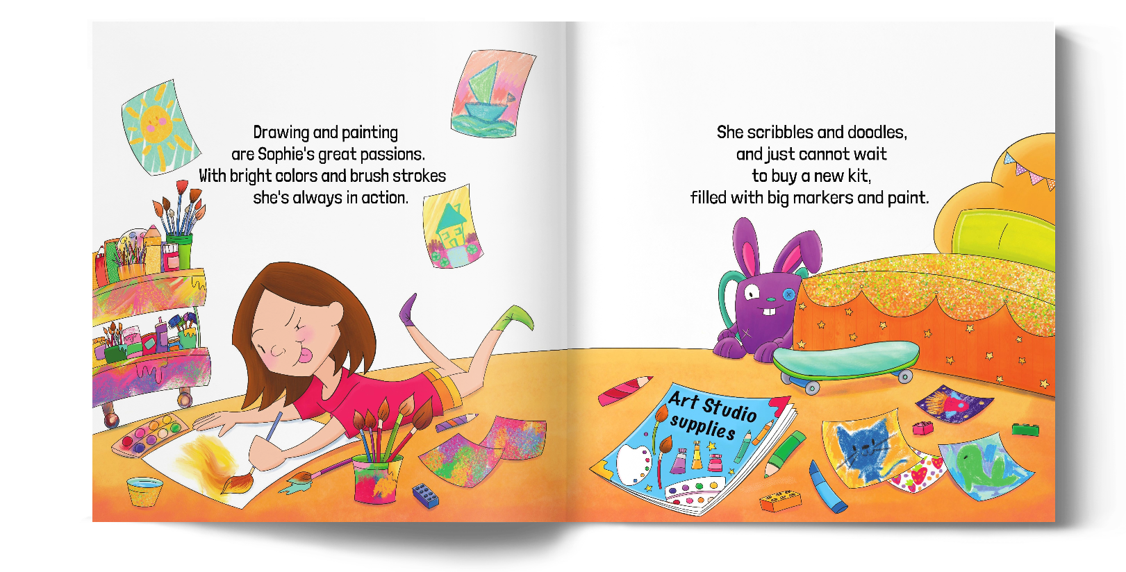'Drawing and paiting are Sophie's great passions. With bright colors and brush strokes, she's always in action. She scribbles and doodles, and just cannot wait, to buy a new kit, filled with big markers and paint.' Illustration of Sophie lying on her stomach, painting in her crafts room